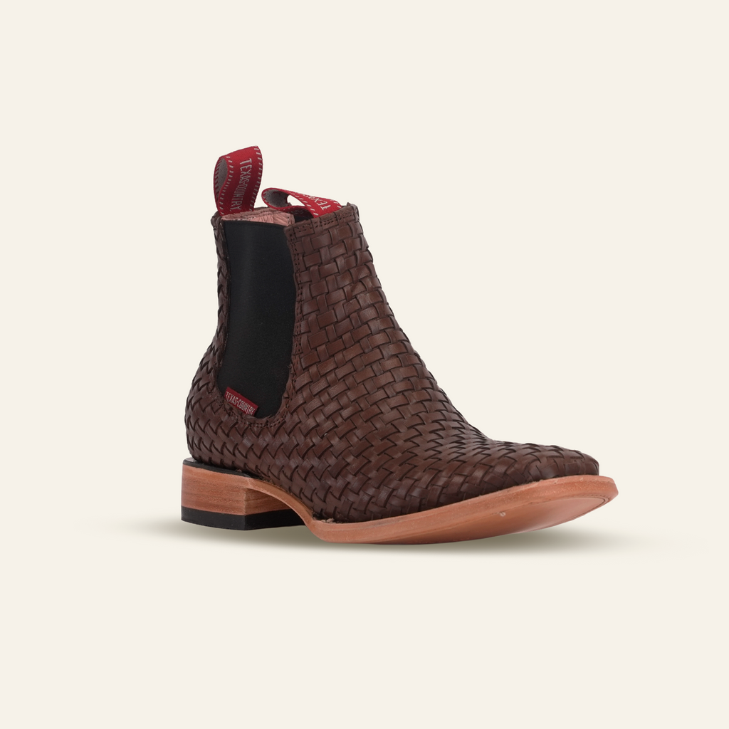 Basket Weave Ankle Boots - Brown - Square Toe (E1200)
