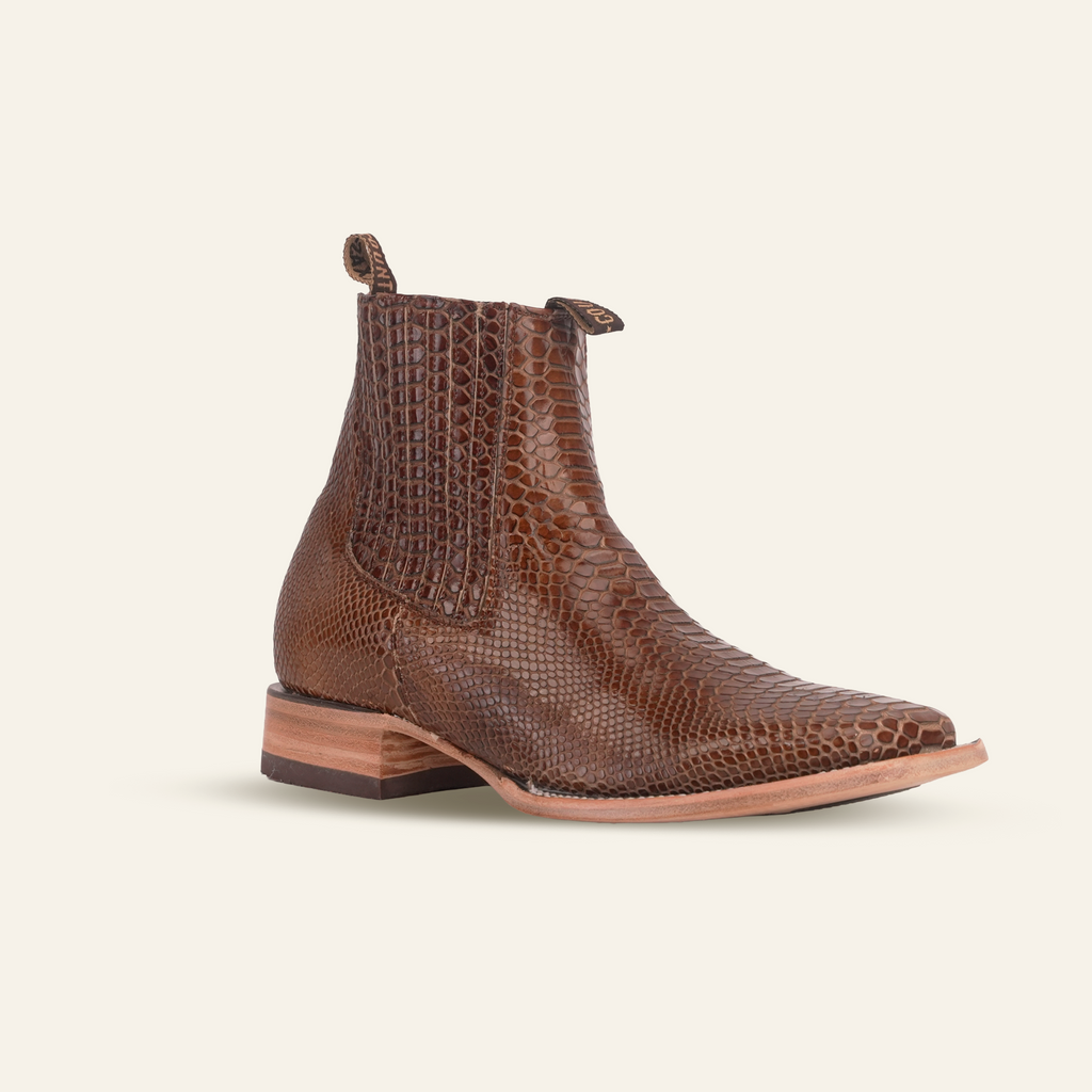 Snake Ankle Boots - Brown Embossed Leather - Square Toe (E946)