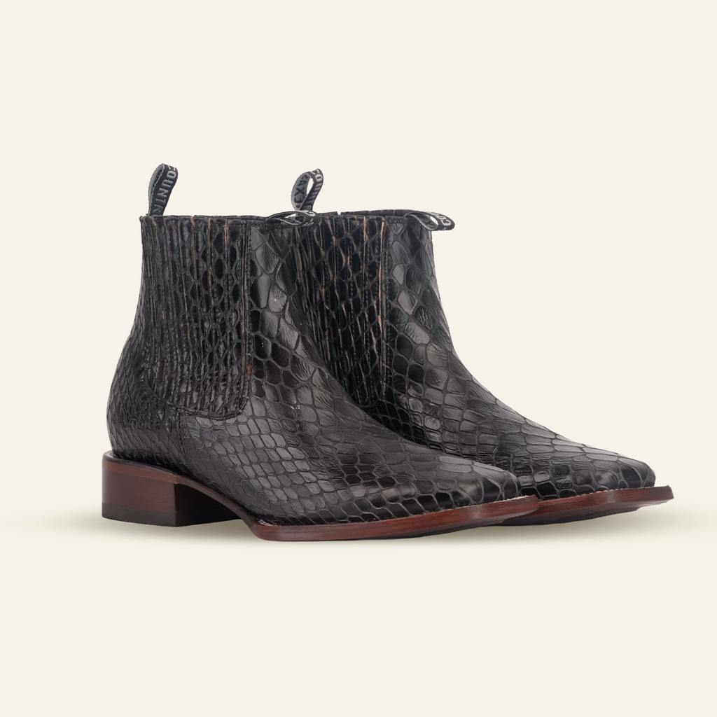 Snake Ankle Boots - Black Embossed Leather - Square Toe (E955)