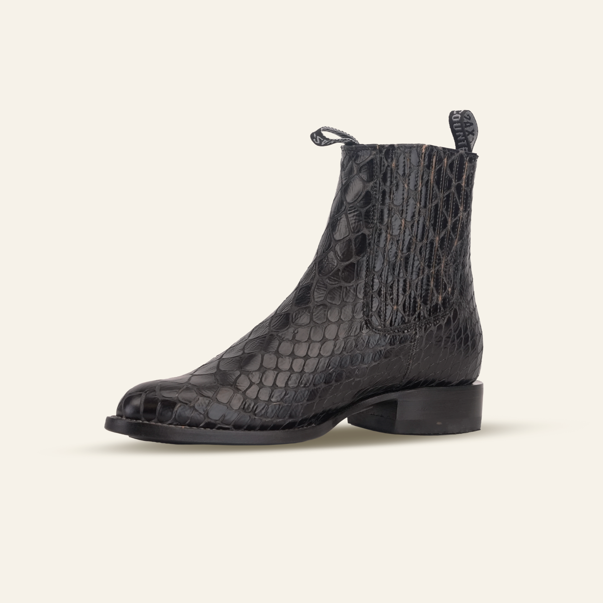 Snake Ankle Boots - Black Embossed Leather - Rodeo Toe (E955)