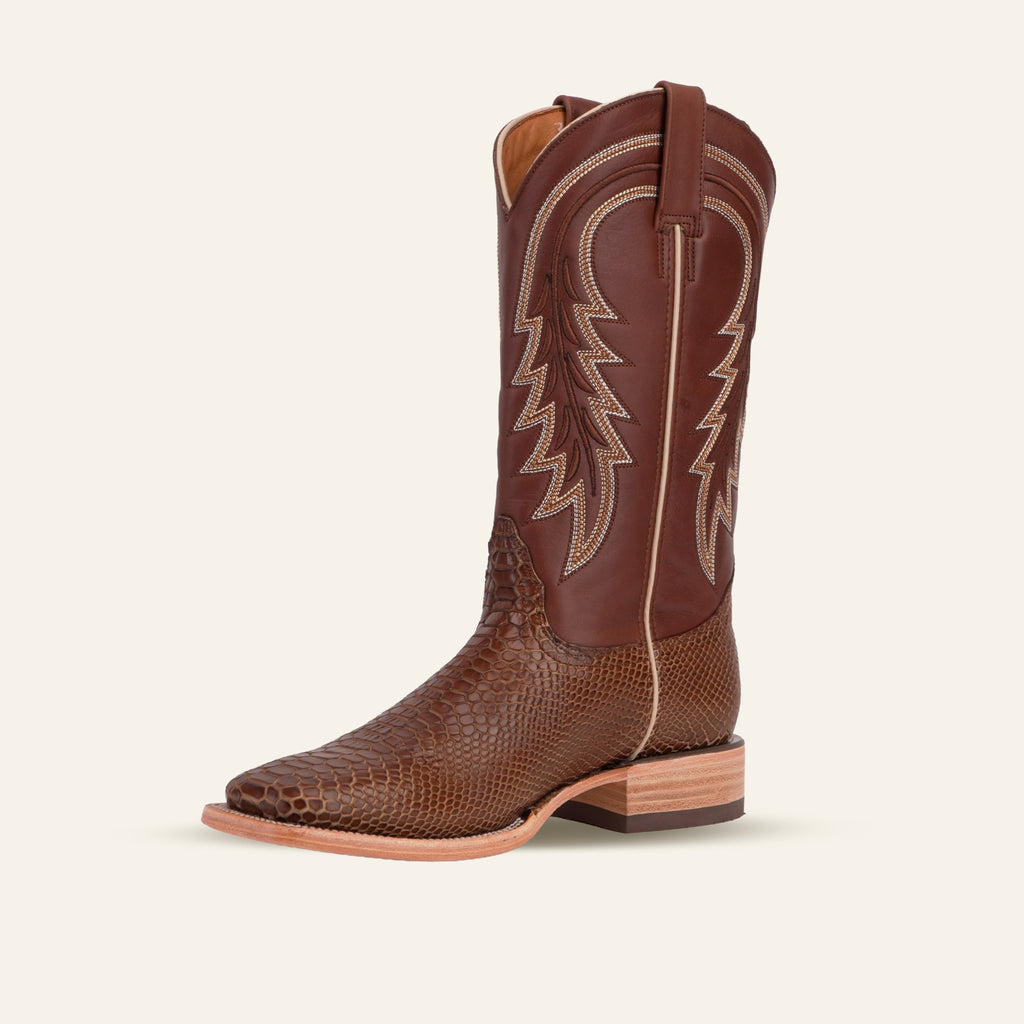 Snake Cowboy Boots - Brown Embossed Leather - Square Toe (E948)