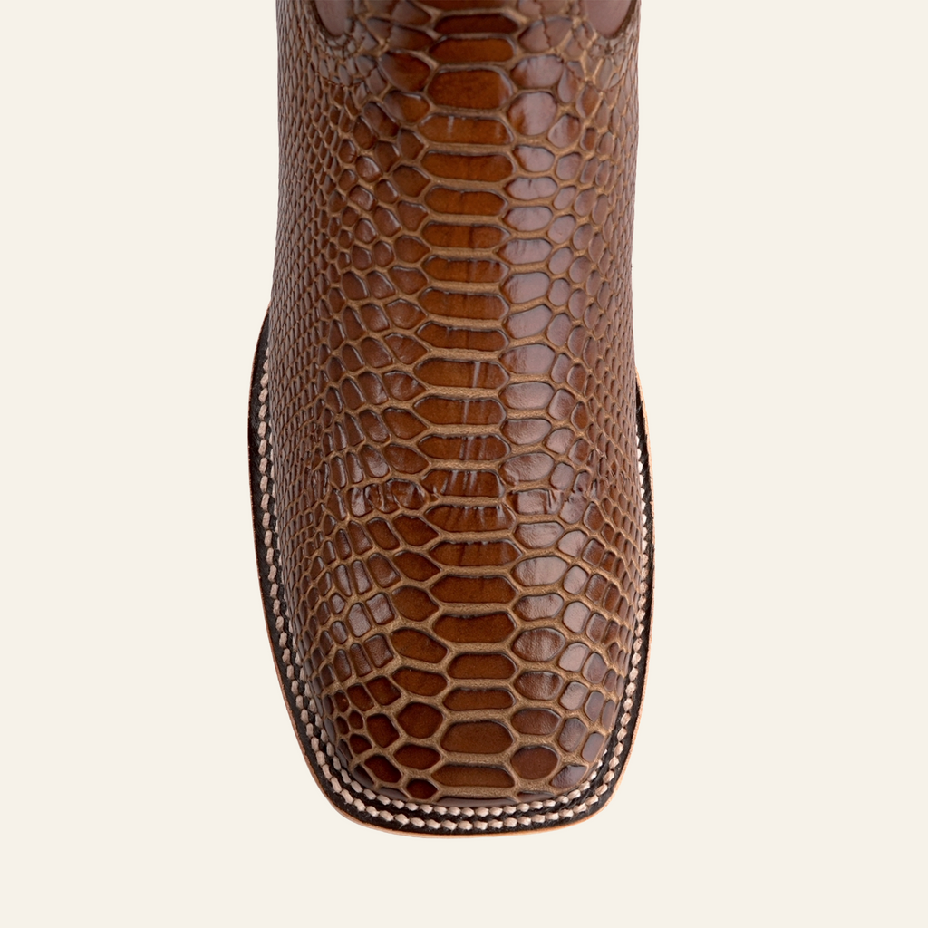 Snake Cowboy Boots - Brown Embossed Leather - Square Toe (E948)