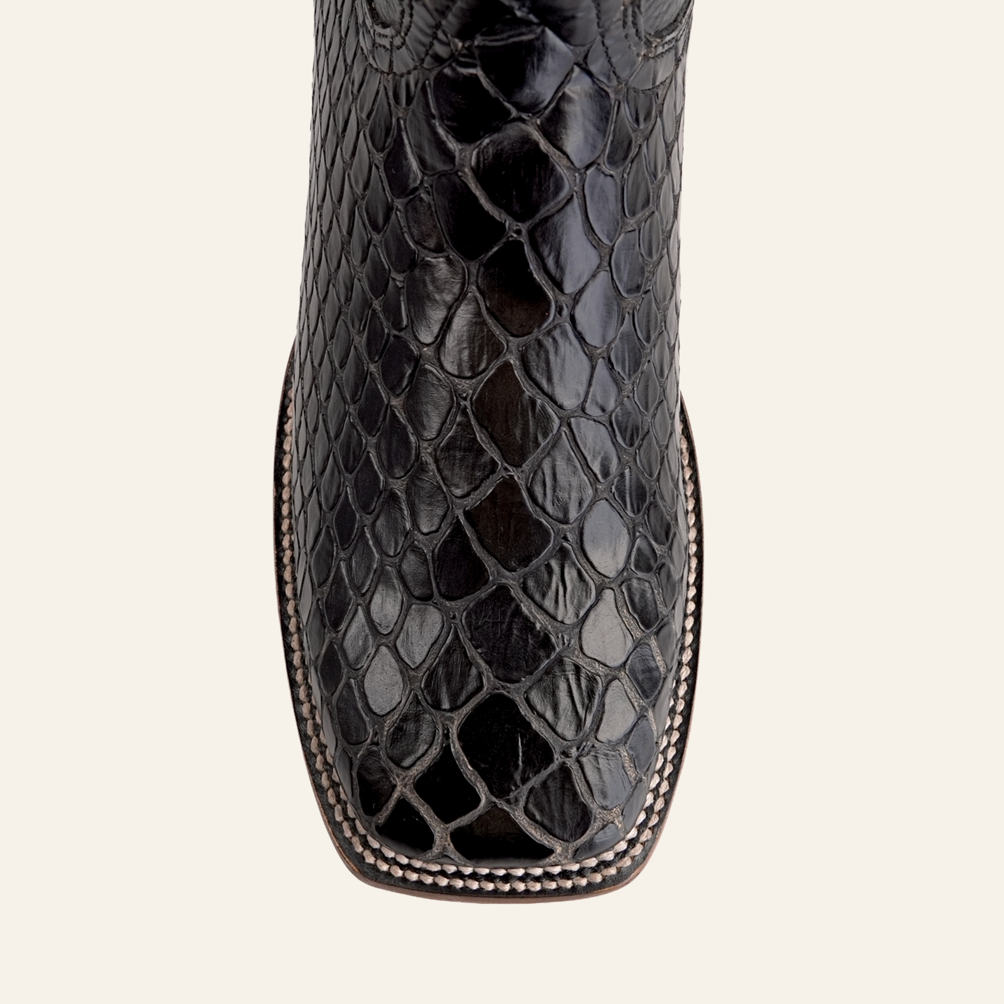 Snake Cowboy Boots- Black Embossed Leather - Square Toe (E947)