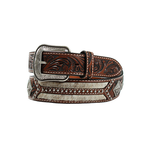 3D Western Mens Belt Leather Tooled Calf Hair Conchos Studs Brown D100013602