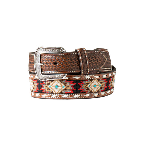 3D Western Mens Belt Leather Embroidered Inlay Tapered Weave Brown - D100017202