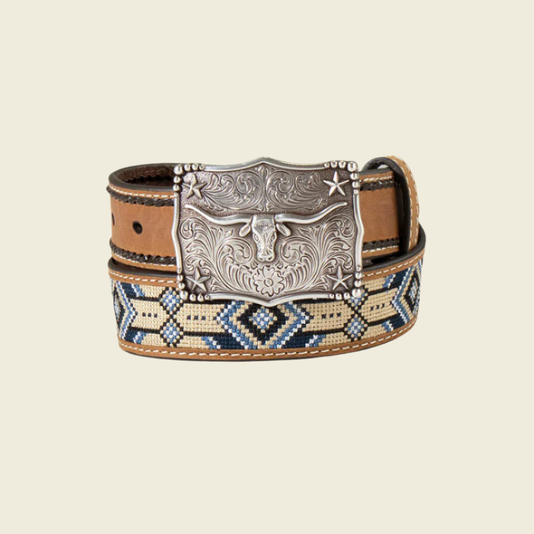 The 3D Western Boys Belt (D120003002) is a brown leather belt with a silver bulls head buckle and features an embroidered pattern in blue, black, and cream, perfect for enhancing any leather accessories collection.