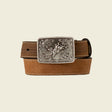 The 3D Western Boys Belt Youth Leather Roughout Weave Bullrider Brown (D120004044) features a decorative silver buckle with an intricate floral design and embossed figure. Its textured border adds Western charm, coiled neatly on a light background to showcase classic leather accessory appeal.