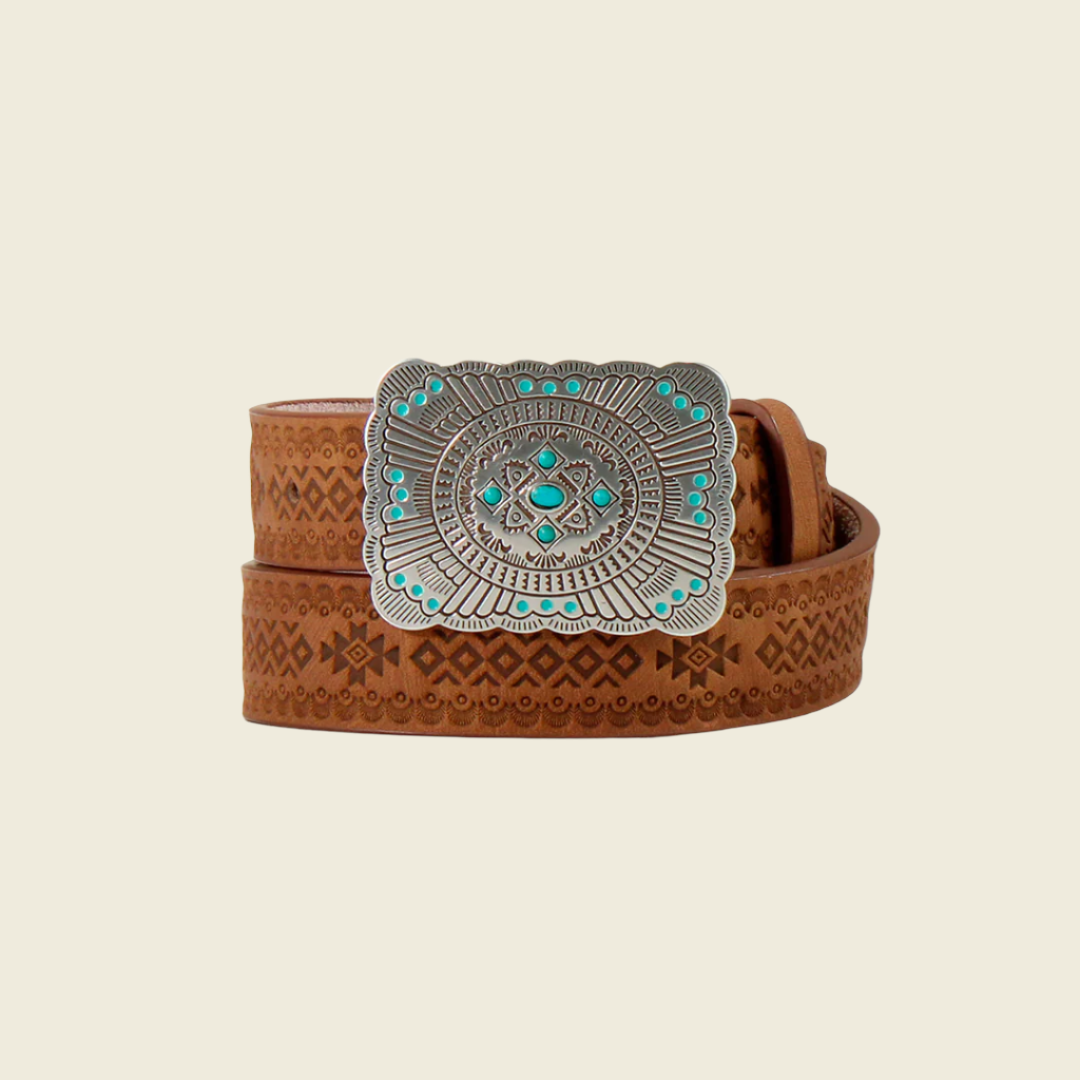 The Angel Ranch Western Girls Belt (D130003802) features intricate geometric patterns on brown leather, with a large silver buckle adorned with turquoise stones. This Southwest-inspired accessory, perfect for young cowgirls, is showcased against a plain beige background.