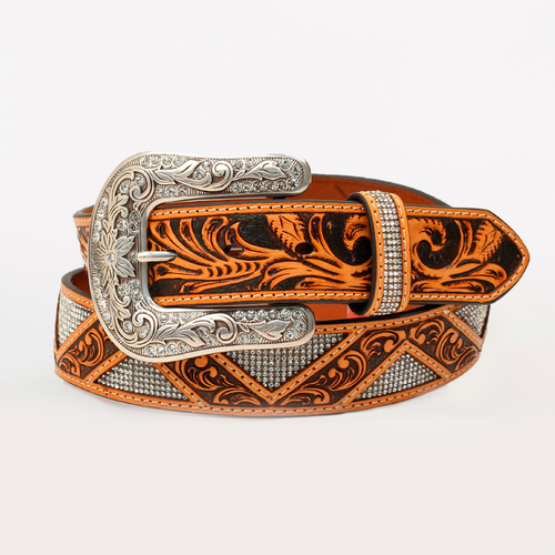 Angel Ranch Western Womens Belt Leather Floral Inlaid Stones Tan