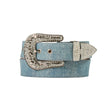 The Angel Ranch Western Womens Belt (Leather Clear Crystals Denim D140008320) exudes elegance with its large silver rhinestone-studded buckle and intricate floral designs. Rolled up, it beautifully displays the sparkling details that make it a standout piece in womens belts.