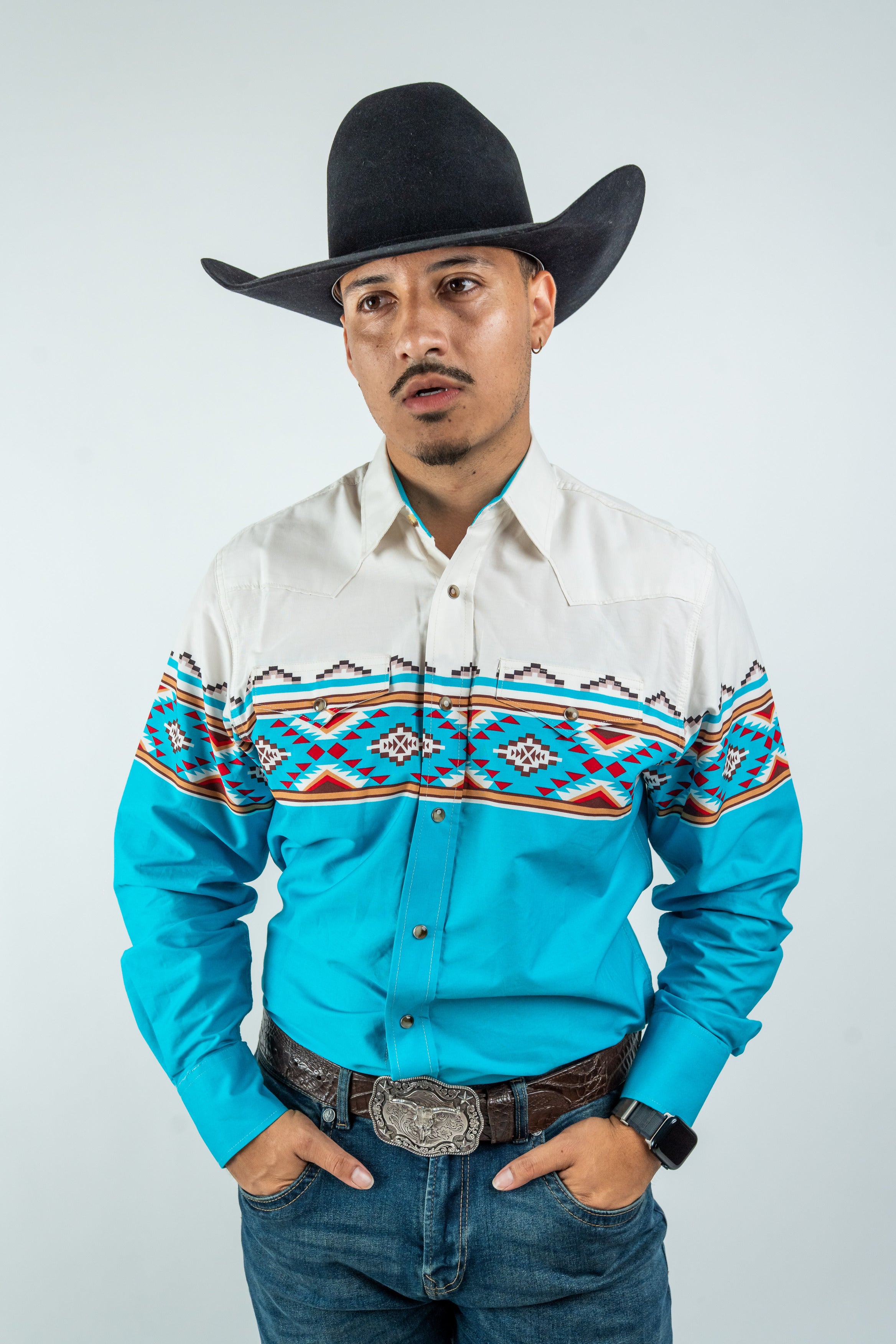 country dress shirts Texas - Turquoise Southwestern Pearl Snap Long Sleeve Shirt (MOD1090) アンティーク調 You will love the Mediterranean Cucumber Salad with Color:DARK COBALT