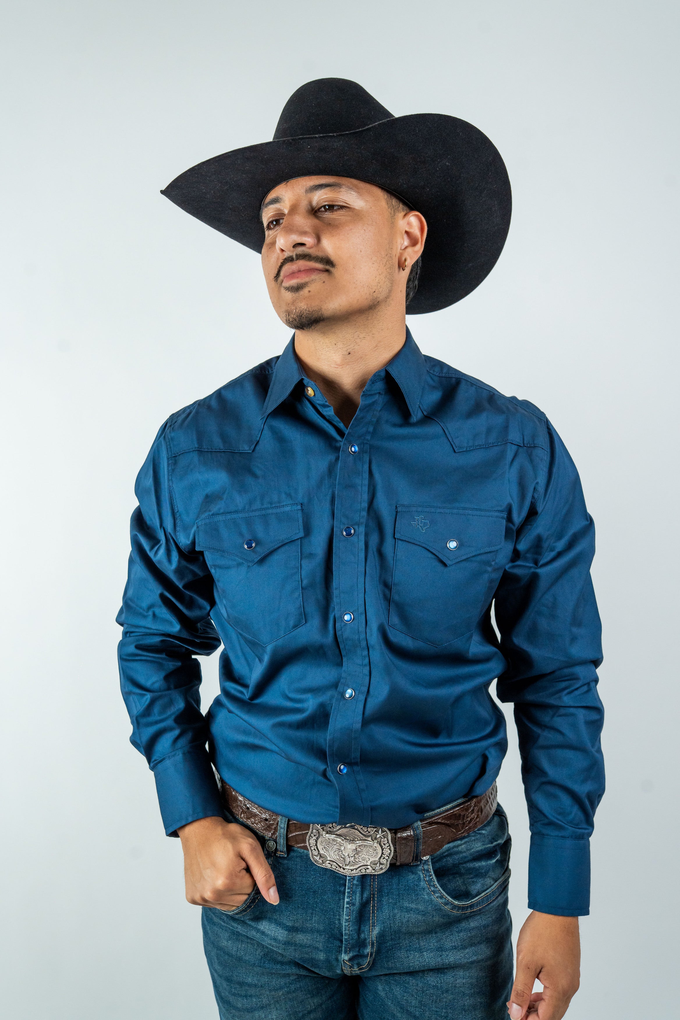 Texas Country - Solid Navy Blue Pearl Snap Long-Sleeve Shirt