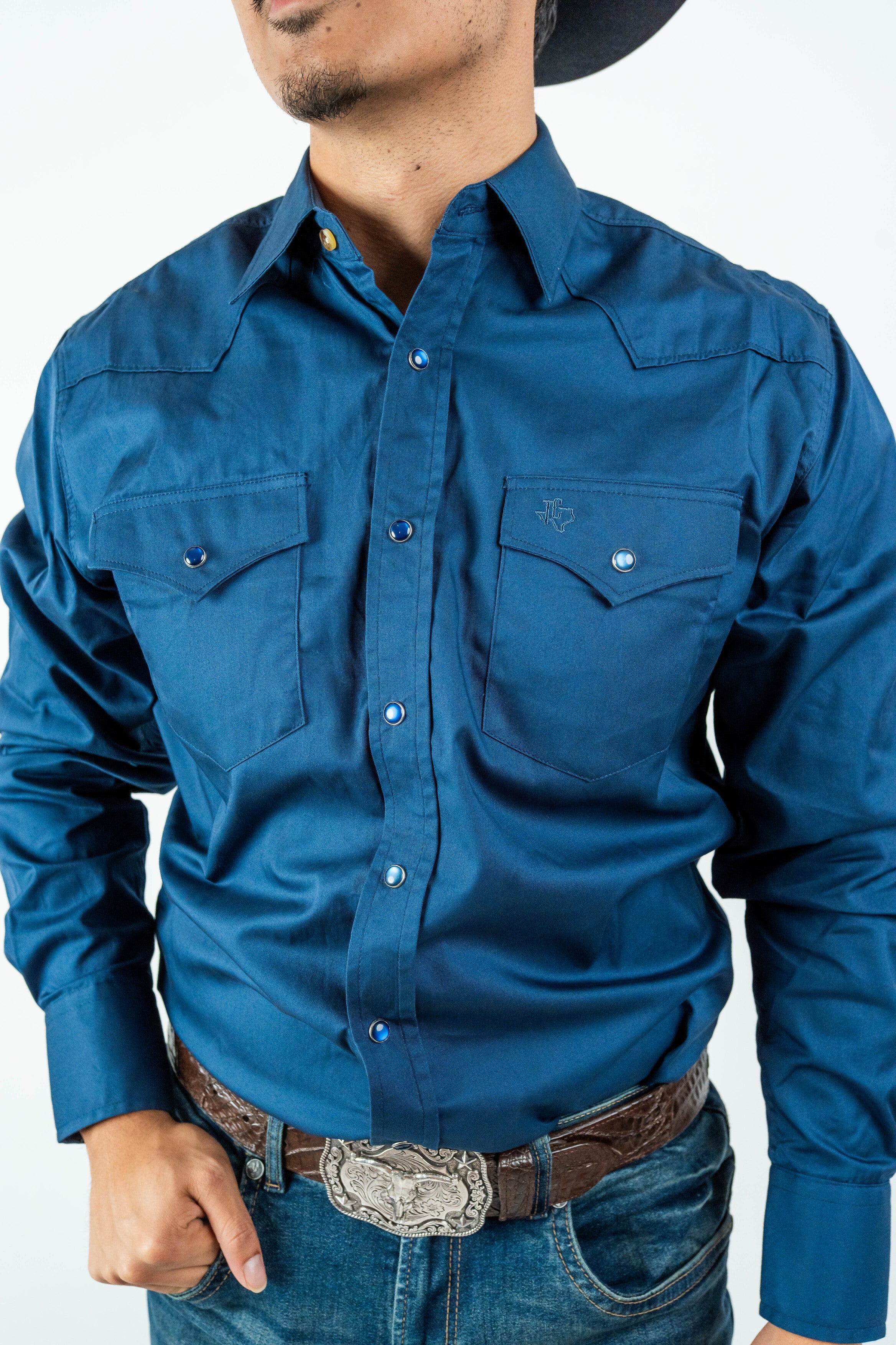 Texas Country - Solid Navy Blue Pearl Snap Long-Sleeve Shirt