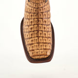 Close-up of an Exotic Caiman Hornback - Antique with a Rodeo Toe, showcasing authentic caiman leather with a crocodile texture and decorative stitching, on a plain white background.