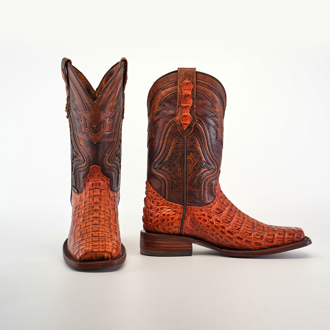 The Exotic Caiman Hornback boots in Brandy with a Rodeo Toe boast detailed stitching and textured genuine caiman leather. One boot stands upright, displaying intricate shaft patterns, while the other is angled to highlight the luxurious leather sole and textured vamp.