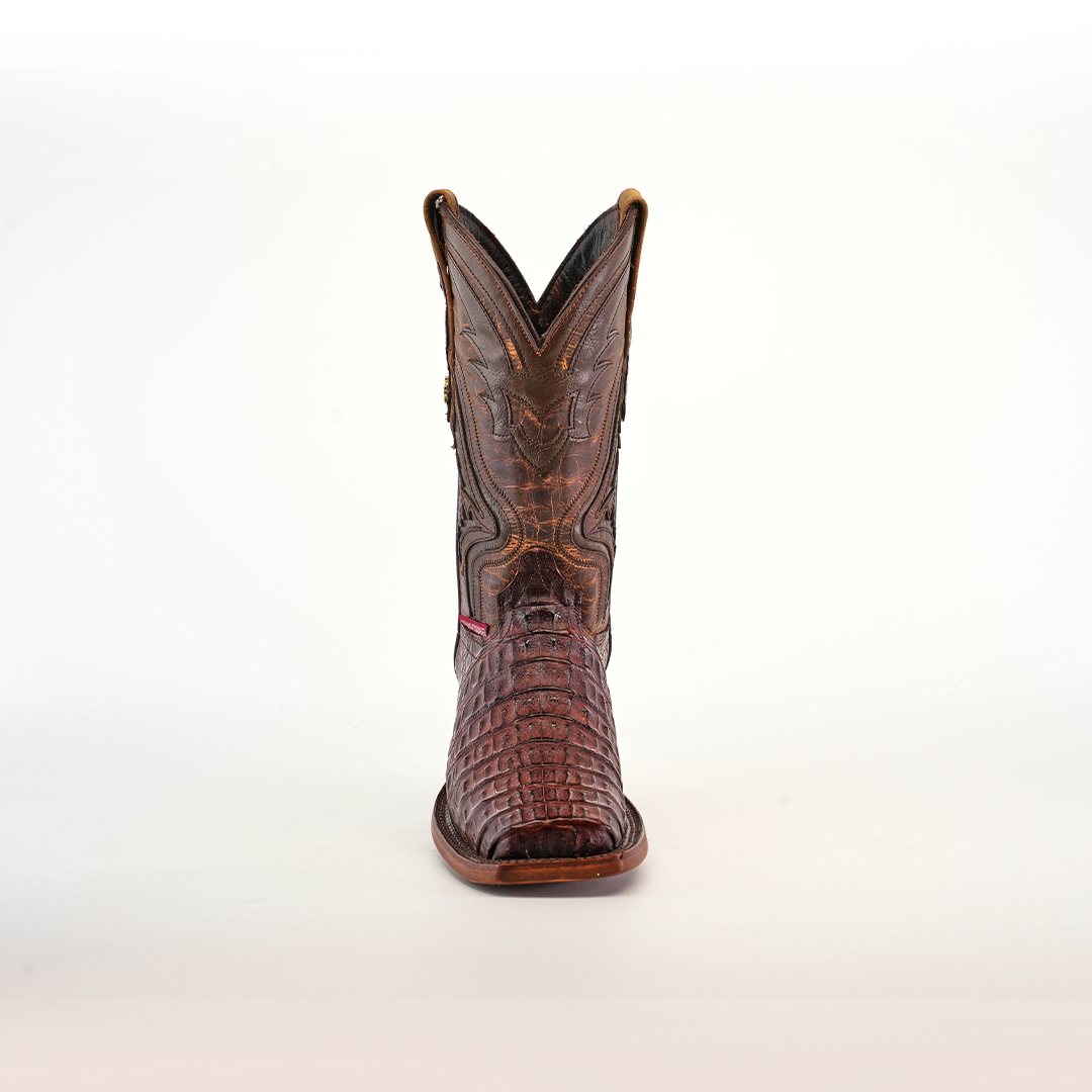 The Exotic Caiman Hornback boot showcases a pointed rodeo toe and a high shaft with exquisite stitching, crafted from brown caiman leather with intricate hornback details, and is displayed against a plain white background.