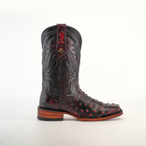 The Exotic Ostrich - Black Cherry boot is crafted from genuine ostrich leather, featuring red and black patterns, a dark leather shaft, a wooden heel, ornate stitching with red accents on the lower part, and a classic rodeo toe.