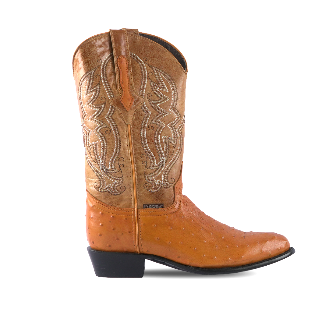 Texas Country Ostrich Print Leather Western Boot Mantequilla Round Toe E436