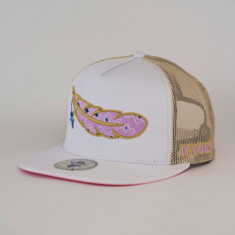 The De Rancho Cap Feather White is a white and beige mesh trucker hat with a pink brim, featuring an embroidered pink and yellow feather design that celebrates Western heritage. Be Wild is stitched in pink on the side, embodying ranch life with flair.