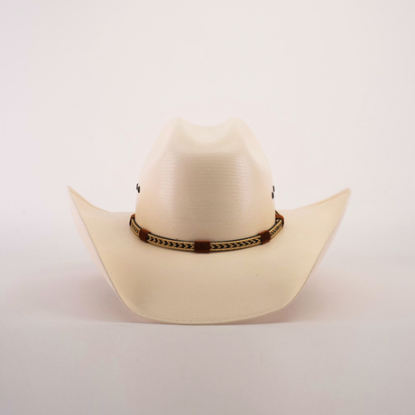 The 500X Chihuahua Straw Hat, featuring a light beige color with a slightly upturned brim and a braided brown band, exudes style and durability against a plain white background.