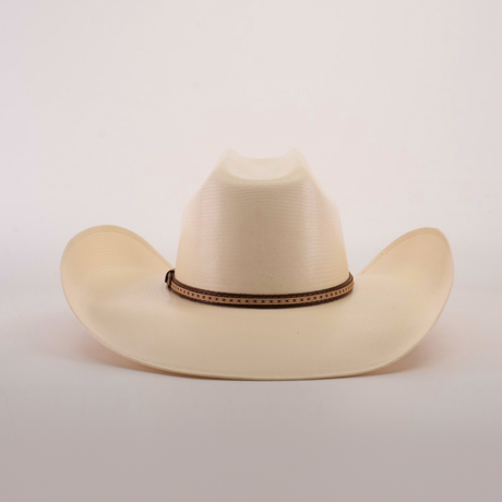 The 1000X Bull Straw Hat features a cream color, wide brim, and brown decorative band around the base of the crown. Its perfect for outdoor adventures, showcasing durability in every stitch against a plain white background.