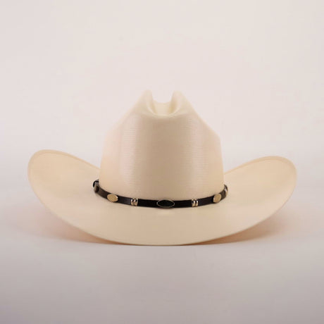 The 5000x Sinaloa Straw Hat is a beige cowboy hat featuring a black band with metal accents. Its high crown and wide brim highlight exceptional craftsmanship, set against a plain white background.