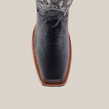 Top view of the Cheyenne Black cowboy boot featuring a Rodeo Toe, crafted from premium cowhide leather with intricate shaft stitching and a slip-resistant brown sole.