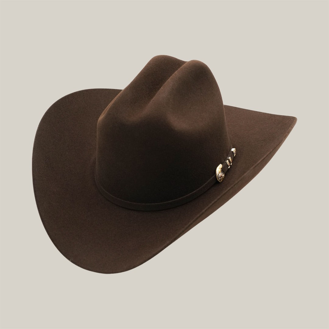 #color_brown 
Explore the fashion masterpiece of the dark brown cowboy hat with a wide brim and crown crease. The Rodeo Special Offer Online: Tony Lama 1000X features a decorative band set against a plain background for perfect display.