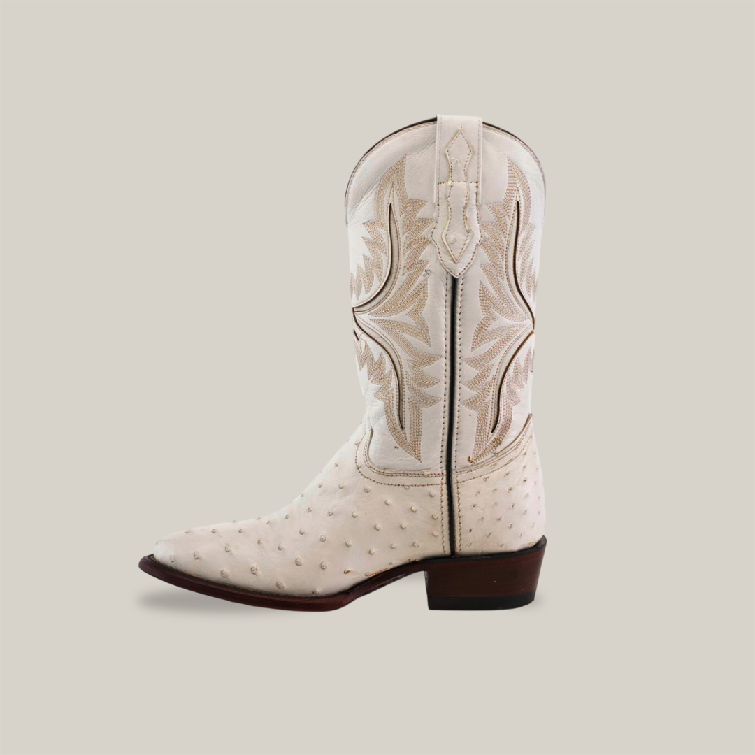 The Exotic Full Quilt Ostrich boot in white boasts authentic ostrich leather with intricate stitching and a textured pattern. It features a round toe, a wooden heel, and is elegantly displayed against a plain background.