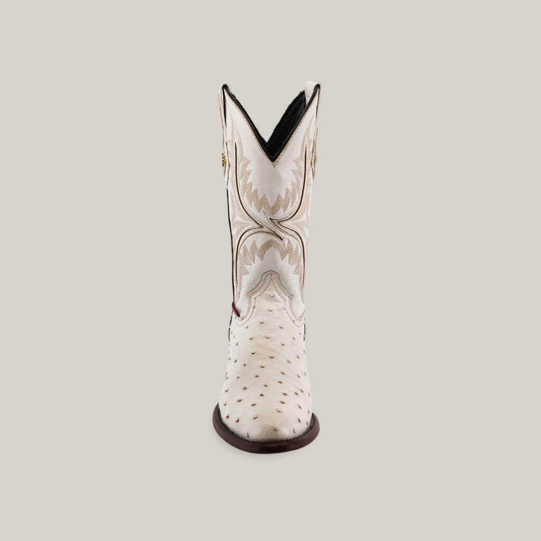 The Exotic Full Quilt Ostrich in white is a handmade cowboy boot with a round toe, crafted from genuine ostrich leather. It features intricate stitching and decorative patterns, complemented by a slightly raised heel, all set against a plain background.