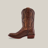 Side view of the Exotic Python - Brown - Round Toe cowboy boot, crafted from genuine python skin with an intricate scaly pattern on the foot and decorative stitching on the shaft. It features a stacked heel and pull straps against a plain background.