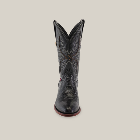 The Exotic Lizard - Black - Round Toe boot crafted by skilled artisans features genuine lizard leather, intricate shaft stitching, a round toe, and a brown sole, all beautifully showcased against a plain light background.