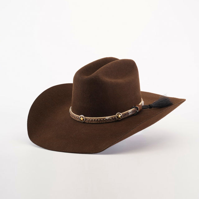 The 6X Doble SS Brown is a premium sheeps wool cowboy hat featuring a wide brim, decorative star-shaped band, and small tassel, capturing the essence of Western style against a plain white background.