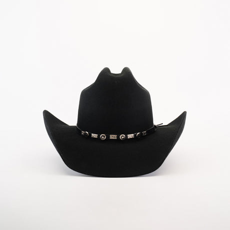 The 6X Leandro Black cowboy hat boasts a wide brim with upward curled sides and a decorative band adorned with shiny conchos and rectangular studs. Crafted from premium sheeps wool, this luxurious hat stands out beautifully against its plain white background.