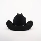 The 6X Leandro Black is a luxurious cowboy hat crafted from sheeps wool, featuring a wide brim and slightly curved shape. It rests elegantly on a plain white background, adorned with a thin black band around the crown.