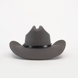 The 6X Dallas Oxford is a wide-brimmed gray cowboy hat, exuding Western sophistication with a black band around its crown, crafted from premium sheep wool, and photographed against a plain white background.