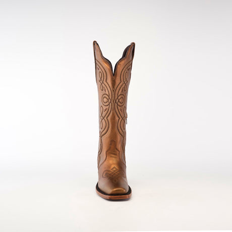 A single brown Eden Copper Tall Shaft boot with intricate embroidery on the shaft and toe, crafted from premium leather, stands upright against a plain white backdrop, facing forward to showcase its detailed design and luxurious craftsmanship.