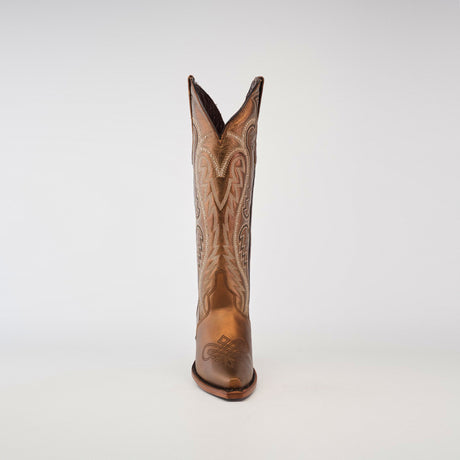 The Nihan Copper - Tall Shaft - Snip Toe boot embodies traditional craftsmanship with intricate embroidered patterns. This single brown cowboy boot is set against a plain white background, featuring a snip toe and slight heel, showcasing exquisite handcrafted excellence.