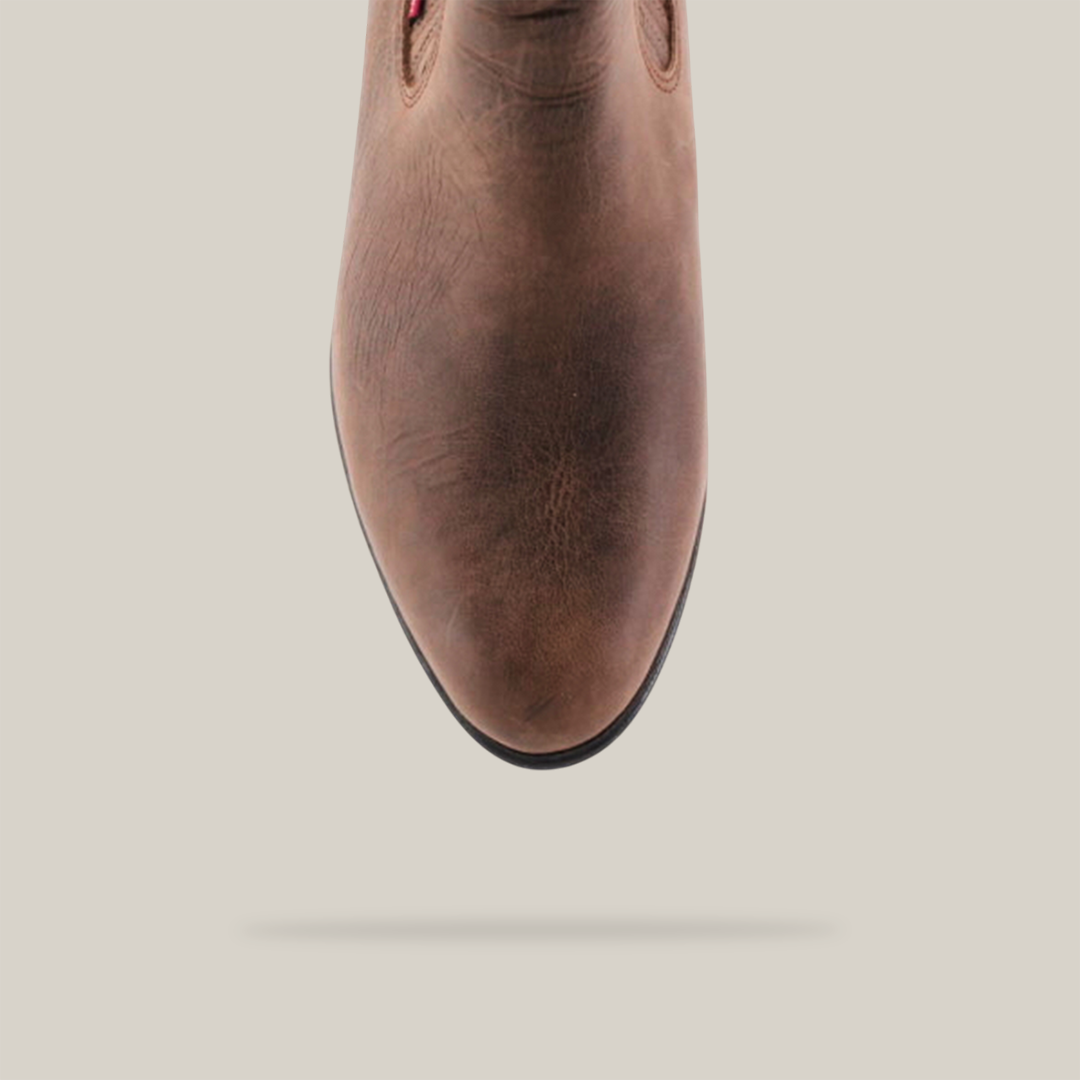 Top view of the Alamo Brown - Round Toe leather shoe with visible texture on a plain white background.