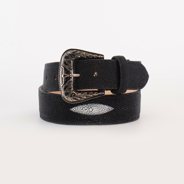 The Exotic Full Quilt Stingray - Texas Buckle - Black Belt is a luxury accessory featuring a decorative silver Texas-style buckle with intricate patterns. It has a small oval textured design that mimics light gray stingray leather on the strap against a plain white background.