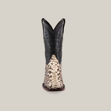 The Exotic Python - Natural - Rodeo Toe features a black leather upper with intricate patterns and a textured brown and beige Python design on the foot, showcased against a neutral background from the front.