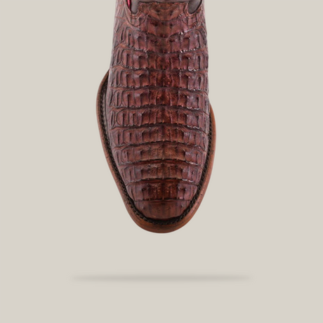 This top view highlights the Exotic Caiman Hornback - Brown - Round Toe boot, handcrafted from genuine caiman leather, featuring a rich brown alligator pattern on a light beige base. The design includes a rounded toe, with its shadow enhancing its textured details.