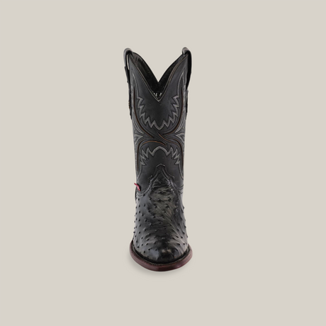 The Exotic Full Quilt Ostrich boot in black showcases detailed shaft stitching and a quilt-patterned lower section. It features a round toe and a dark sole, all highlighted against a plain background.