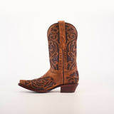 The Trivia Orix - Short Shaft - Snip Toe is a brown womens cowboy boot, handcrafted from premium leather. It features intricate swirls and floral motifs on a plain white background, complete with a low heel and pull straps.