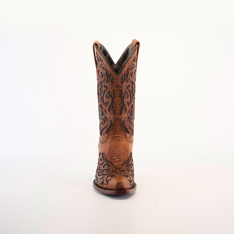 The Trivia Orix womens boot, in premium brown leather with intricate black embroidery, is showcased against a white background. This handcrafted boot features a snip toe and short shaft, highlighting its elegant decorative patterns.