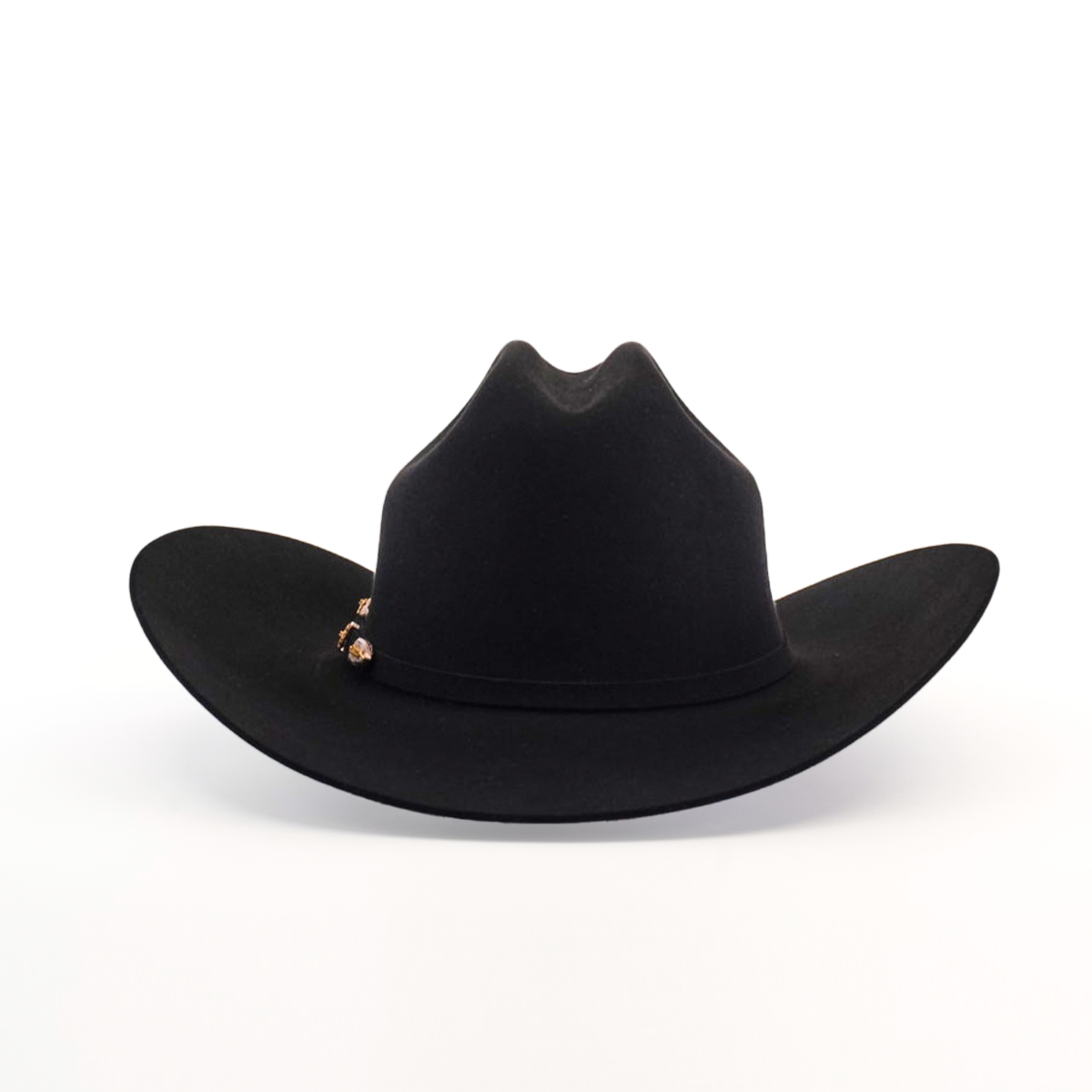 The 1000X Imperial Black hat showcases a wide brim and high creased crown, adorned with a subtle decorative band, embodying the quintessential Western style against a plain white background.