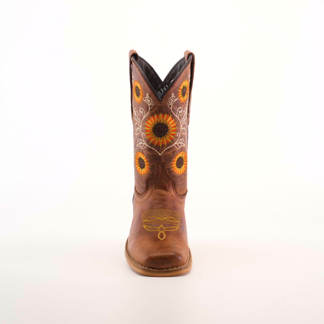 Part of the Sunflowers Tabaco - Square Toe collection, this single cowboy boot highlights superior craftsmanship with intricate yellow and orange sunflower embroidery on the shaft, set against premium brown leather, all viewed on a plain white background.