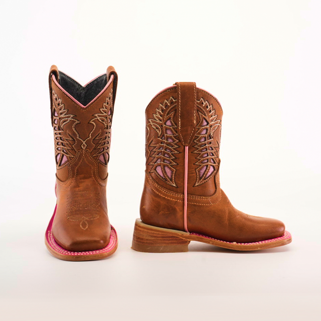 The Dube Tan Pink Outline - Square Toe boots showcase expert craftsmanship with brown premium leather, pink embroidery, pink soles, mid-calf height, and detailed stitching, making them a standout against the plain white background.