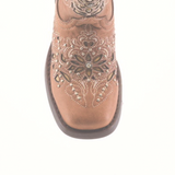 Top view of the Kiara Studs Fawn - Square Toe cowboy boot, made from premium light brown leather with floral embroidery and studs on the toe and shaft, ideal for stylish young girls. Displayed against a white background.