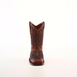 The Yennis Brick Square Toe cowboy boot, made from premium leather with intricate embroidery, is displayed against a plain white background. This boot features a square toe and classic Western style, showcasing a perfect blend of craftsmanship and elegance.